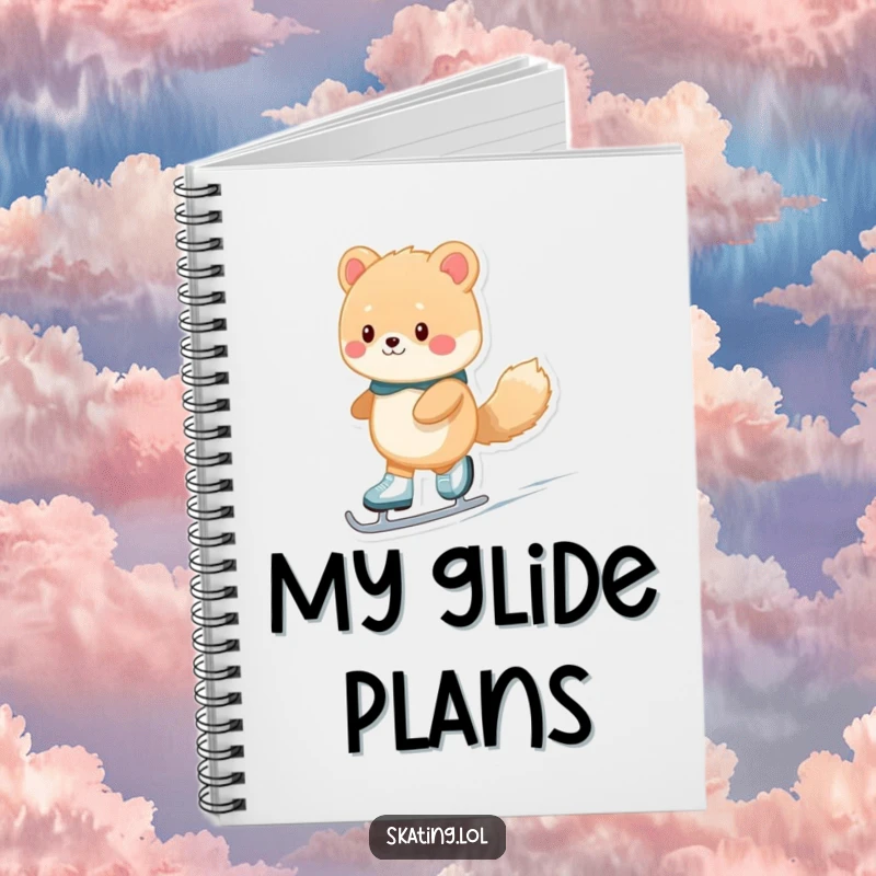 Funny fuzzy animal character ice skating on the cover of a notebook, designed for comedic note-taking and journaling.