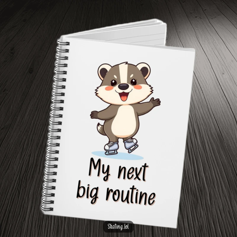 Funny ice skating badger notebook, a happy animal gracefully spinning on skates, ideal for notes and funny gifting.