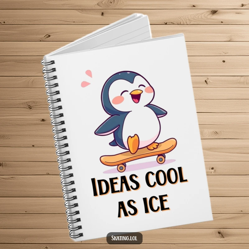 Funny penguin on a skateboard, sliding sideways with a happy sigh, illustrated on a notebook cover for humorous intent.