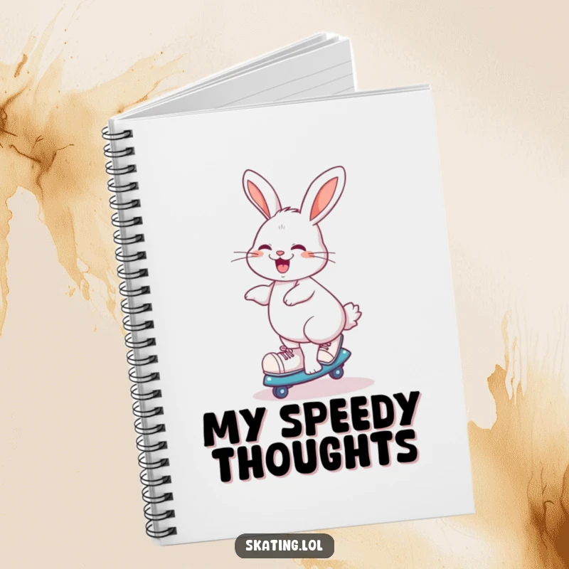 Funny giggling rabbit doing a playful spin on roller skates, notebook cover for skaters and joyful people.