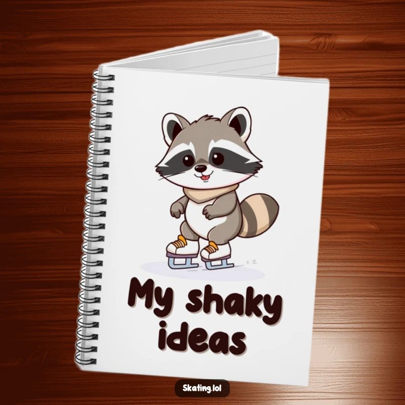 Funny raccoon ice skating notebook with a determinedly grinning kawaii raccoon wobbling on skates; ideal for jotting down ideas.
