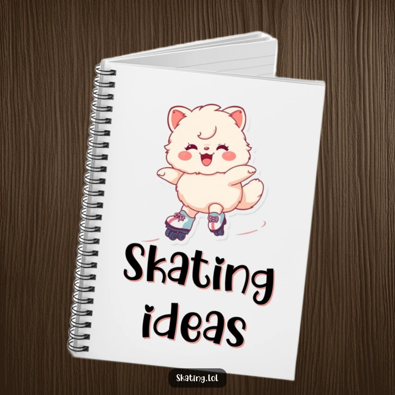 Funny Roller Skate Ideas Notebook with a grinning fluffy character gliding on roller skates, perfect for notes and humorous inspiration.