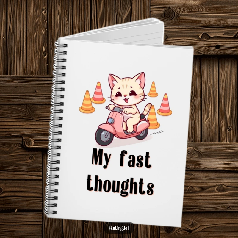 Funny Notebook featuring a playful cat character weaving through cones on a scooter, designed for capturing fun ideas.