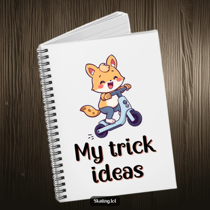 Cute animal character performing a scooter trick on the cover of a notebook, perfect for comedic note-taking and creative journaling.