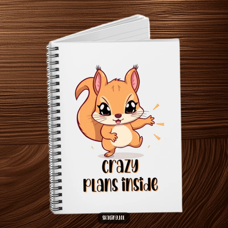 Funny determined squirrel with wide eyes, attempting a flashy trick, notebook cover for adventurers.