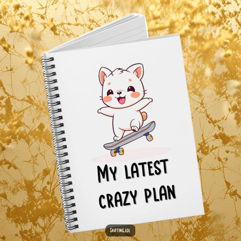 Funny notebook with a charming animal character attempting a wobbly balance on a skateboard, inspiring humorous note-taking and creativity.