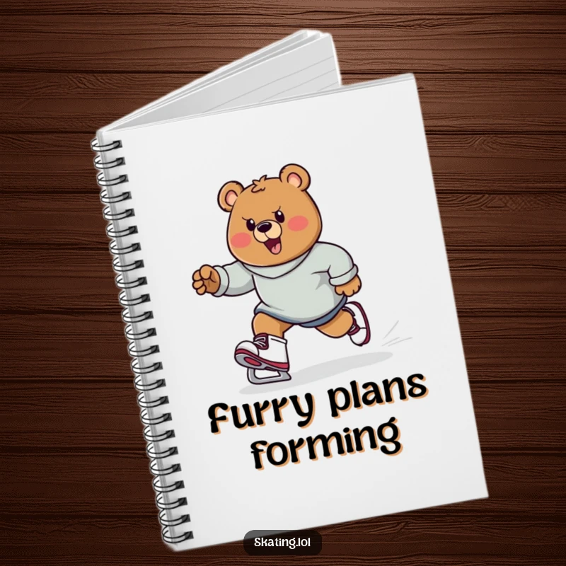 Funny bear character on skates, determined look, ready to write, inspiring goals, ideal funny gift.