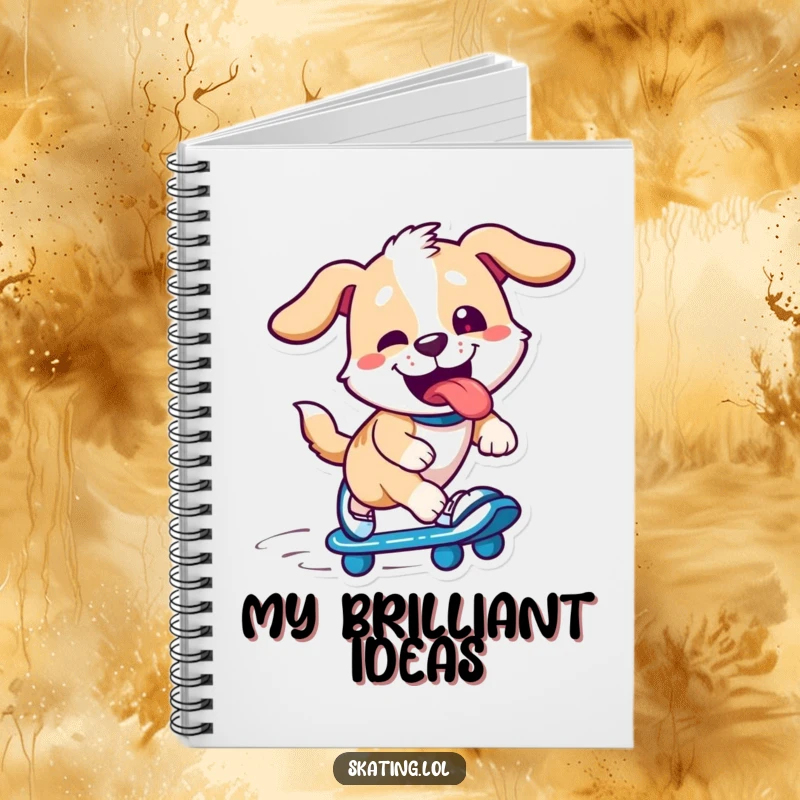 Funny dog character on skates, ready to write, tongue out, inspiring creativity, ideal funny gift for note-taking.