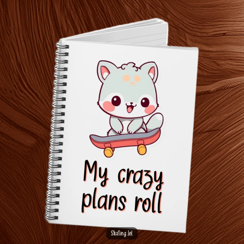 Funny notebook with a friendly animal character pushing off with a skateboard, ideal for jotting notes and capturing skating enthusiasm humorously.