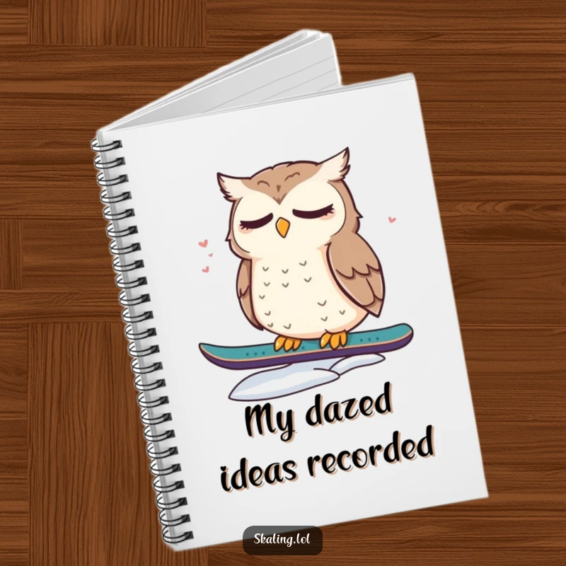 Funny notebook cover with a cute, dazed owl sitting on a snowboard, designed for sleepy individuals and winter sports enthusiasts.