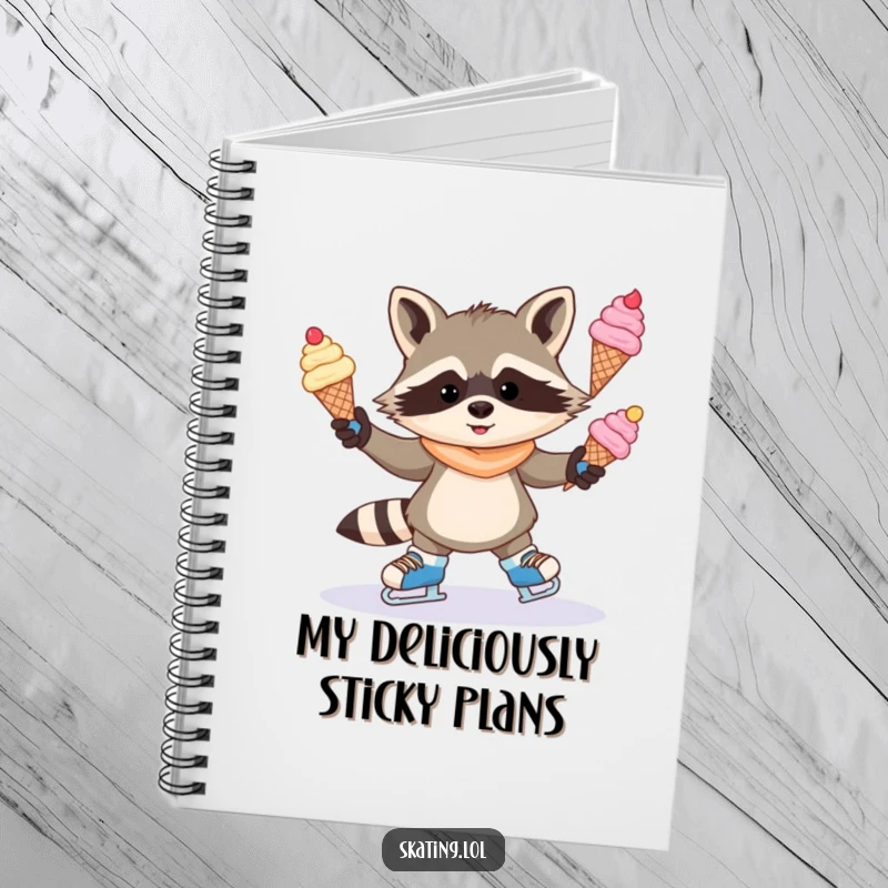 Funny notebook cover with a mischievous raccoon juggling ice cream cones on ice skates, designed for skaters and sweet treat enthusiasts.