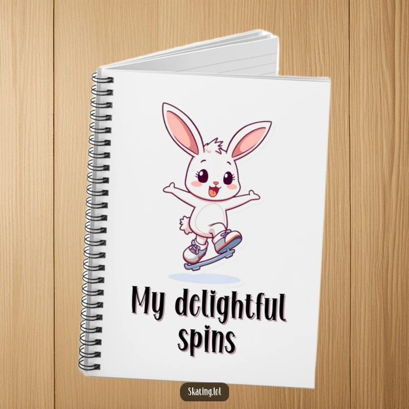 Funny notebook featuring a delighted bunny character bouncing and attempting a graceful spin on ice skates, inspiring cheerful note-taking.