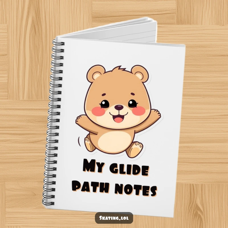 Funny notebook featuring a happy bear with a determined grin, gliding smoothly, perfect for capturing ideas with cheerful focus.