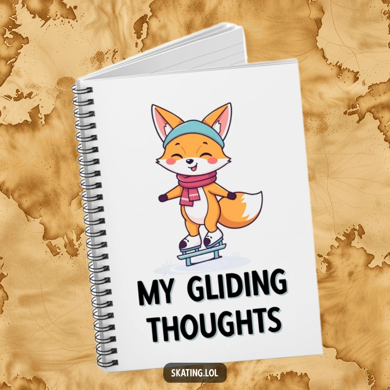 Funny Notebook featuring a happy fox smiling while balancing on ice skates, designed for capturing joyful thoughts.