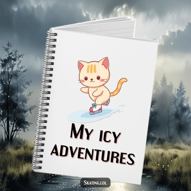 Funny notebook featuring a cute cat character gracefully ice skating on tiny skates, inspiring creative and elegant note-taking.
