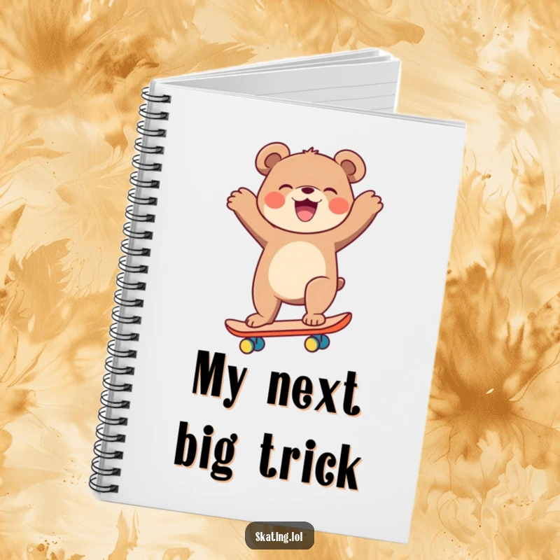 Funny laughing bear on a skateboard, arms flailing, notebook cover for a funny gift.
