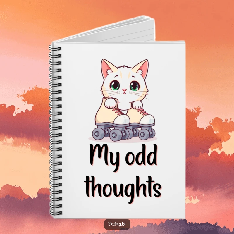 Funny surprised cat notebook with a feline peeking from behind roller skates, perfect for capturing notes with a moment of humorous shock.