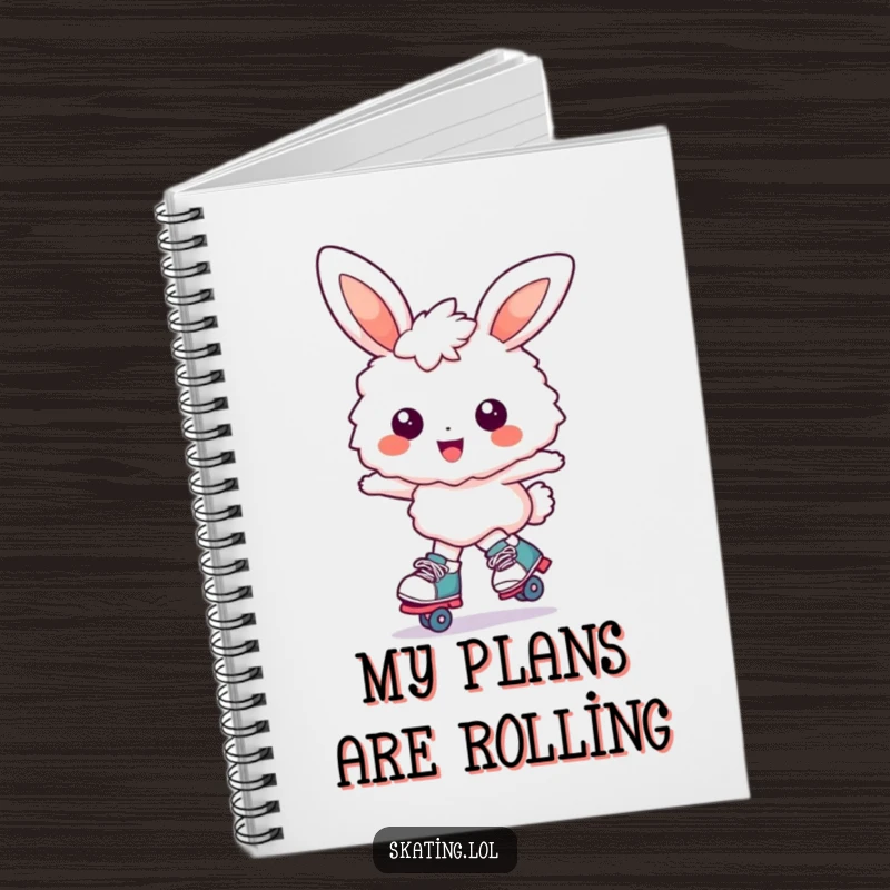 Funny bunny notebook: a fluffy bunny character joyfully glides on roller skates with a huge smile, perfect for writing.