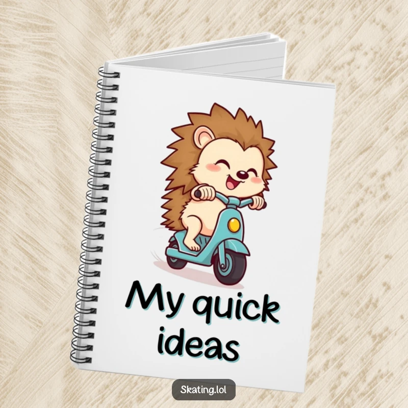 Funny hedgehog notebook, a small hedgehog character zipping downhill on a scooter with a look of pure delight, making notes fun.