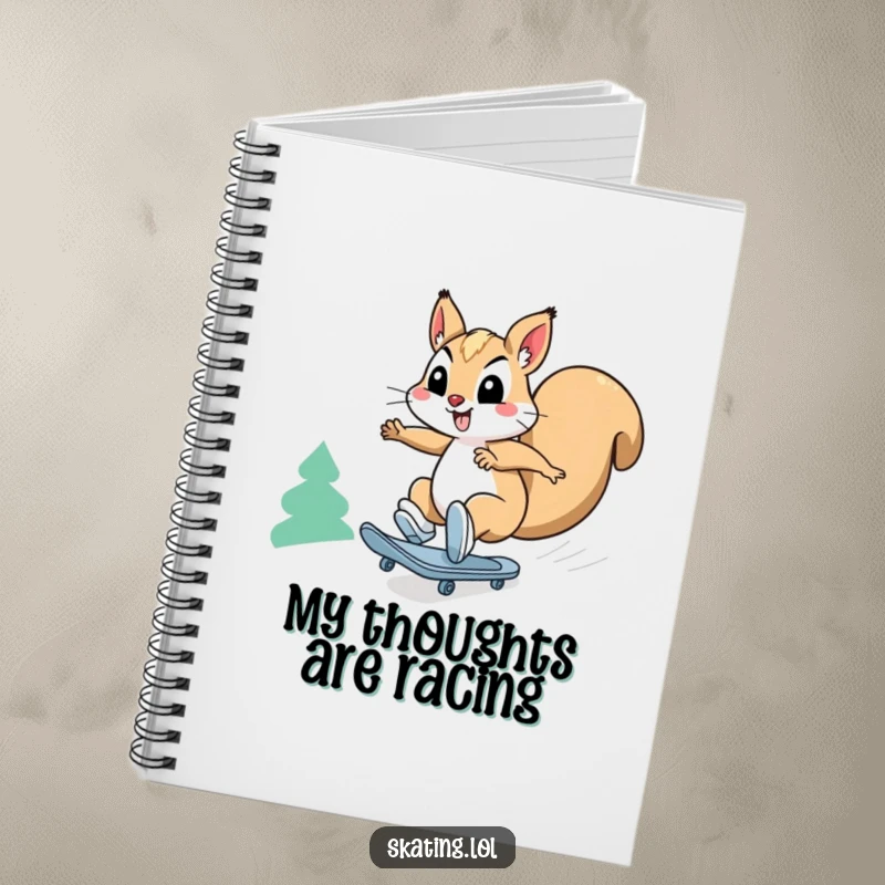 Funny squirrel notebook: a happy squirrel character comically skates downhill at breakneck speed, for writing and planning.