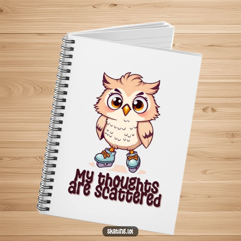 Funny owl character on skates, surprised look, ready to write, inspiring creativity, ideal funny gift.