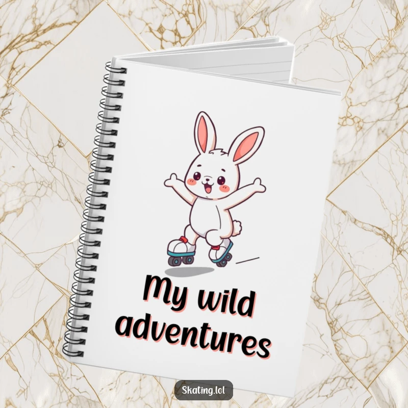 Funny bunny notebook with a cute character joyfully roller skating, arms outstretched, ideal for capturing notes with a playful spirit.