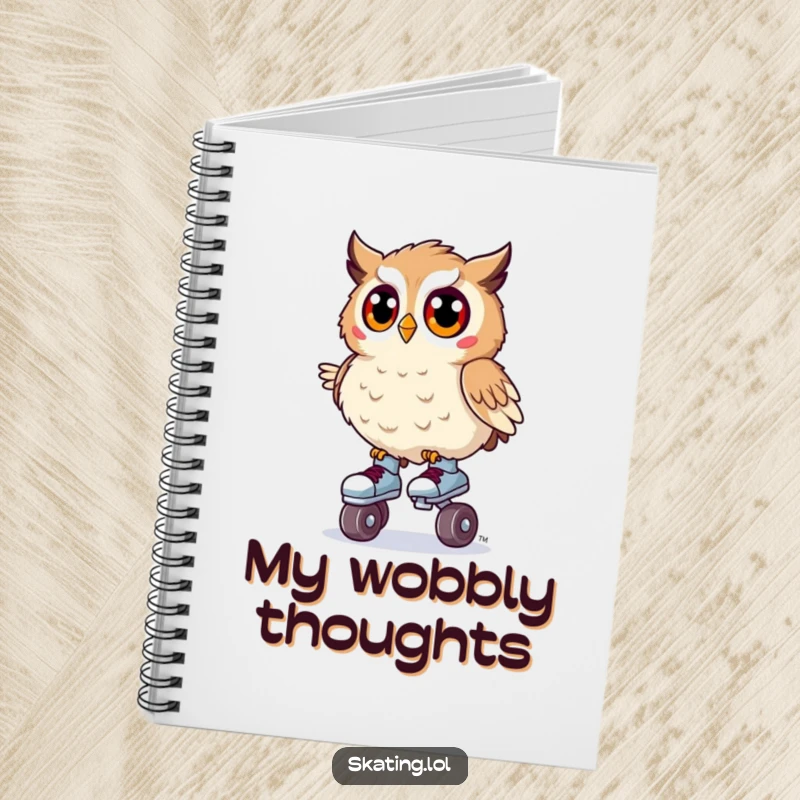 Funny notebook featuring a surprised owl wobbling on tiny roller skates, perfect for jotting down notes with whimsical amusement.