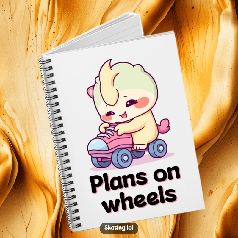 Funny notebook with a creature character smiling while examining roller skate wheels, ideal for notes and curious thoughts.