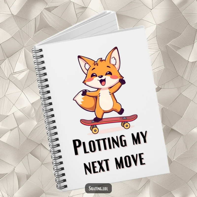 Funny fox balancing on a skateboard with one paw, featured on a notebook cover for study or work.