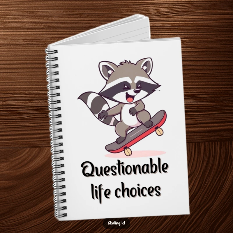 Funny raccoon character wobbling on a skateboard, illustrated on a notebook cover for writing and drawing with humorous intent.