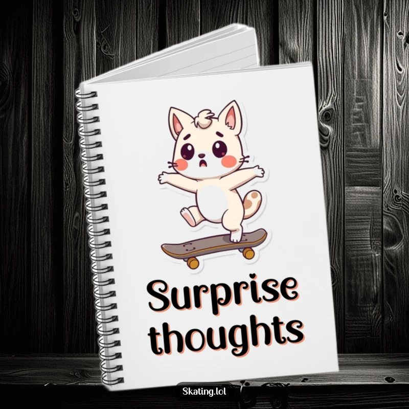 Funny Skater Spin Notebook with a cute character doing a surprised spin on a skateboard, perfect for notes and spontaneous humor.