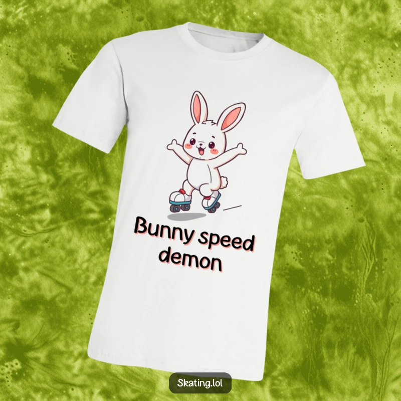 Funny bunny t-shirt depicting a cute character joyfully roller skating with arms wide, radiating pure fun and energetic freedom.