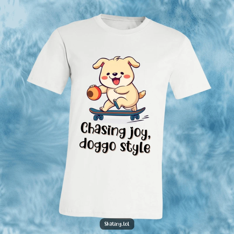 Funny, plump dog character gleefully chasing a ball on a skateboard, showcasing energetic fun and canine excitement.