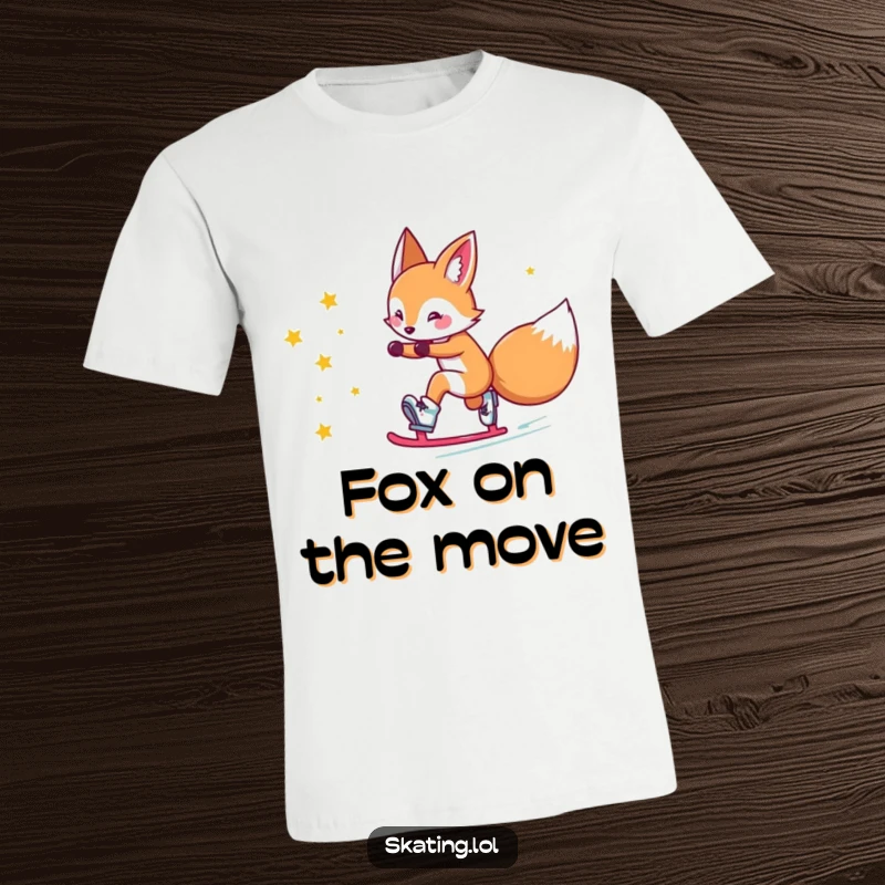 Funny fox t-shirt: a cute fox character comically slides on roller skates, trailing a dazzling stream of stars.