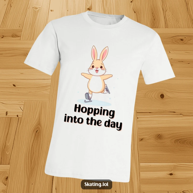 Funny t-shirt featuring a joyful arctic hare performing bunny hops on ice skates, celebrating winter and playful movement.