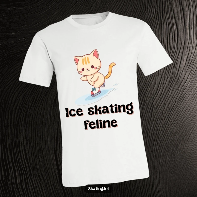 Funny t-shirt showcasing a cute cat character elegantly ice skating on tiny skates, performing a happy swirl with delightful grace.