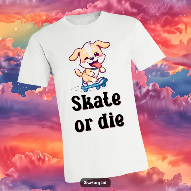 Funny playful dog character zooming on skates, tongue out, smiling widely, great funny gift for humor and pet enthusiasts.