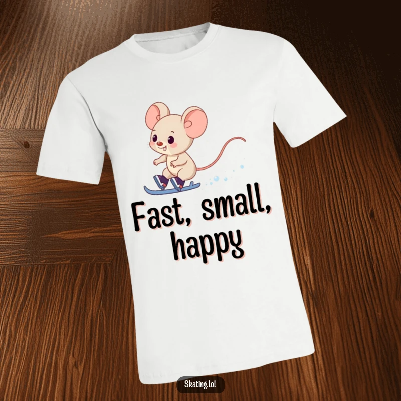 Funny Mouse T-Shirt: A giggling mouse character is depicted zipping past on skates, creating a snowy trail.
