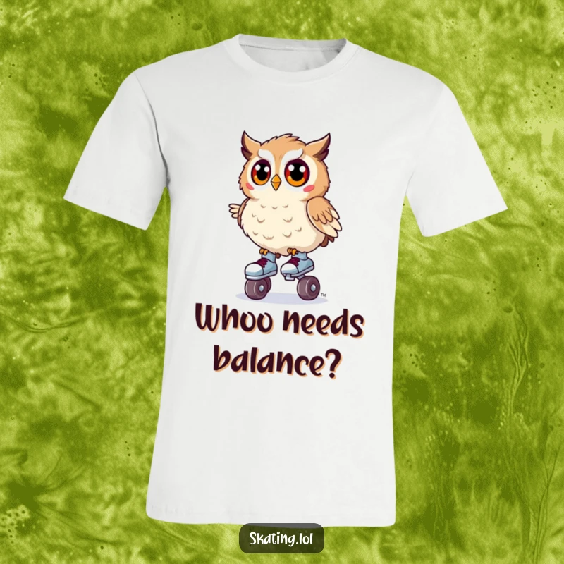 Funny t-shirt with a surprised owl wobbling comically on tiny roller skates, capturing a moment of delightful instability.