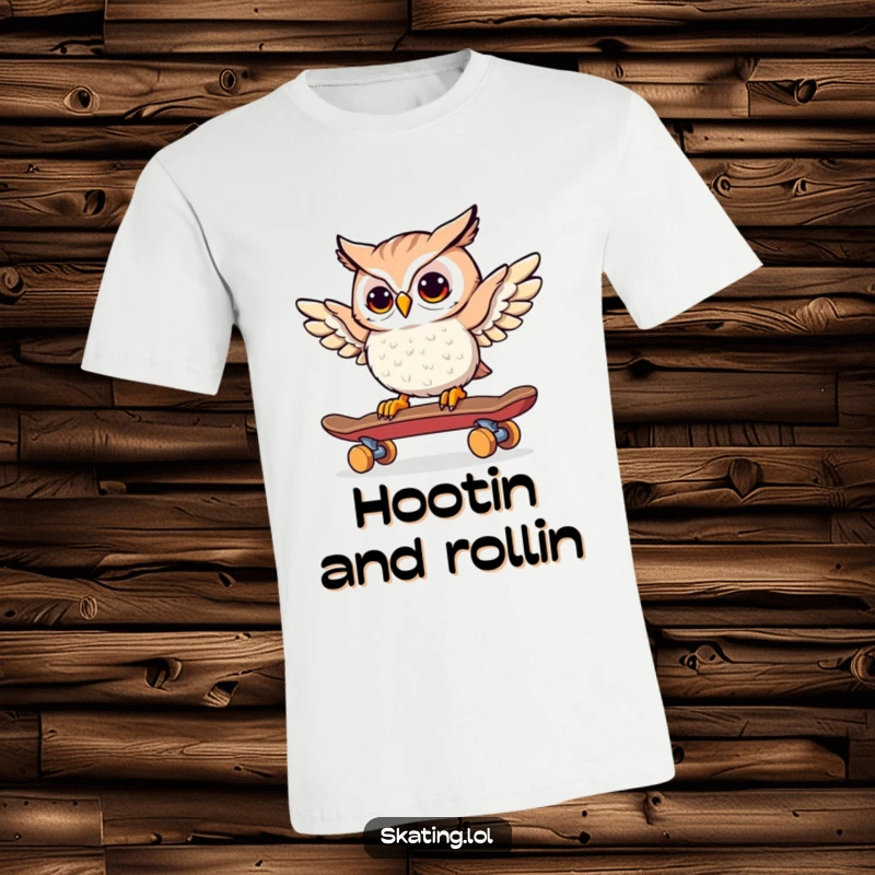 Funny Owl Skateboarder T-Shirt: A curious owl expertly balances and steers a skateboard with its wings outstretched.