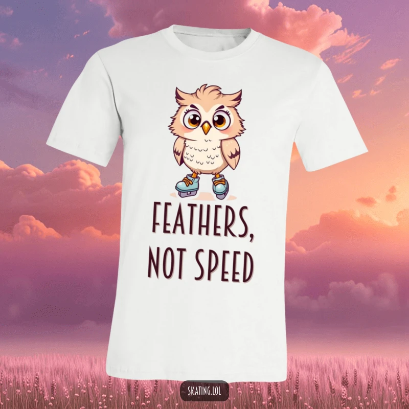 Funny surprised owl character wobbling precariously on skates, feathers askew, wide-eyed, hilarious funny gift.