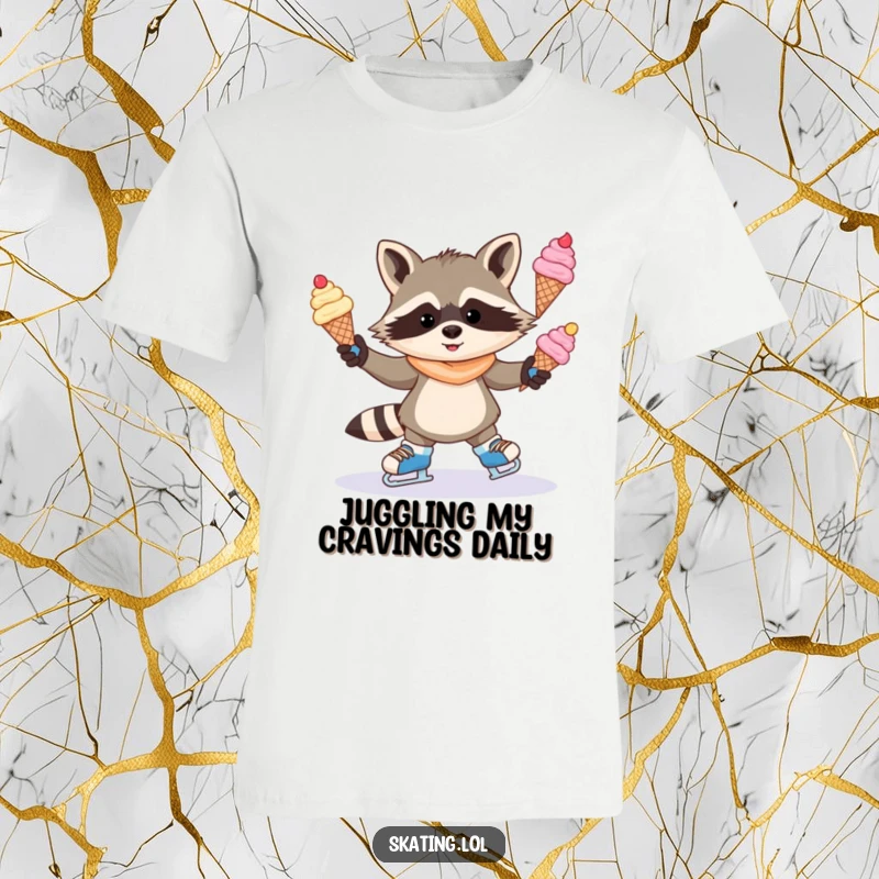 Funny t-shirt featuring a mischievous raccoon juggling multiple ice cream cones while ice skating, a humorous depiction of sweet overload.