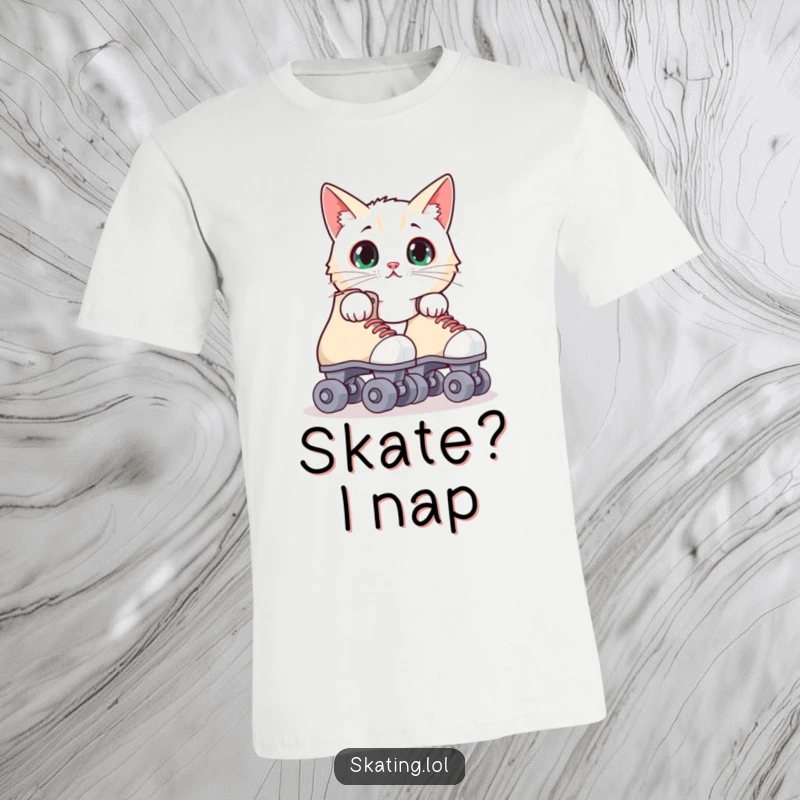 Funny surprised cat t-shirt showing a cat peeking from behind roller skates, expressing comical shock and playful curiosity.