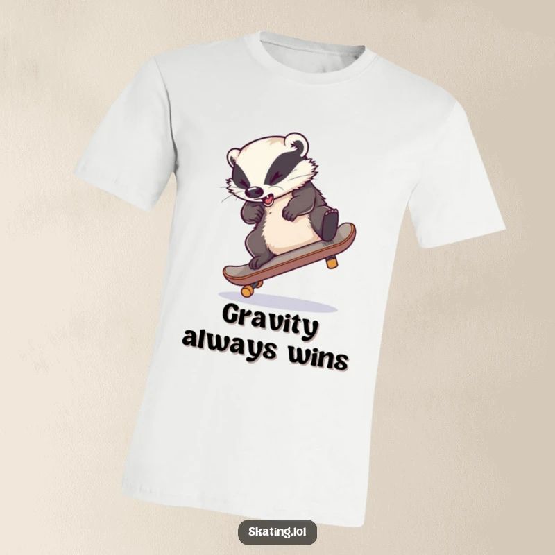 Funny t-shirt: A clumsy badger with legs tangled, hilariously attempting a skateboard flip, capturing pure comedic chaos.