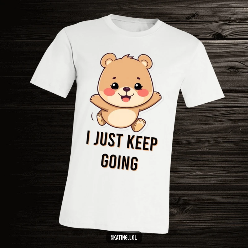 Funny t-shirt showcasing a happy bear with a determined grin, gliding effortlessly with a cheerful and confident attitude.
