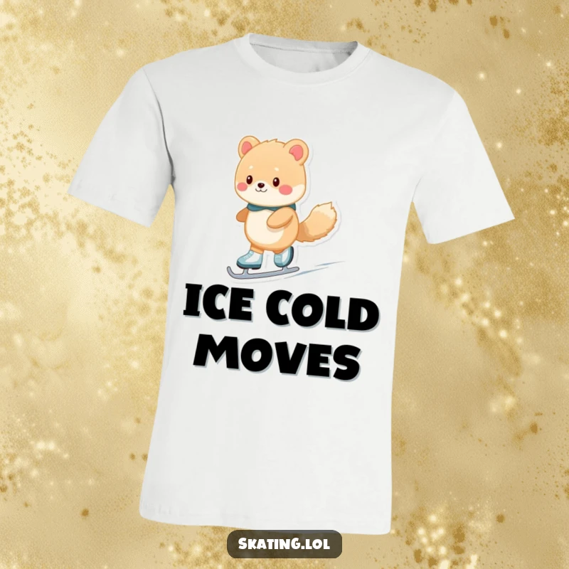 Funny fuzzy animal character performing a smooth glide on ice skates, printed on a comfortable t-shirt for humorous wear.