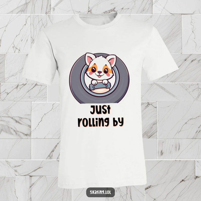 Funny t-shirt with a whimsical animal character playfully peeking out from behind a large, prominent skateboard wheel.