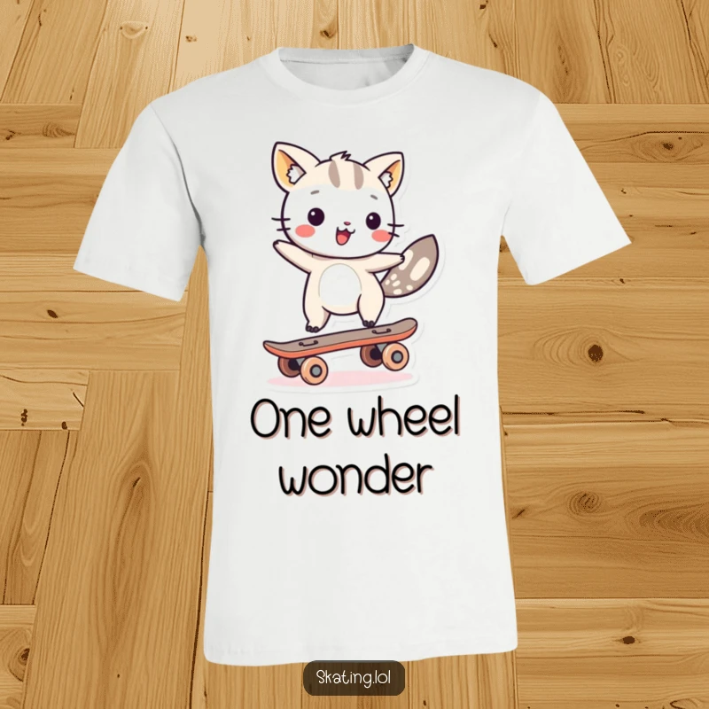Funny animal character performing an impressive balance on a single skateboard wheel, printed on a t-shirt for humorous wear.