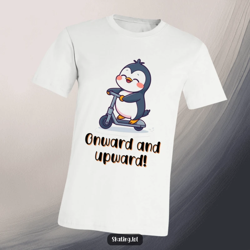 Funny Penguin T-Shirt: A gleeful penguin comically speeding on a kick scooter, eyes shut in happiness, ideal funny gift.