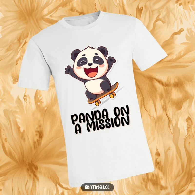 Funny panda character skateboarding downhill with a wide grin, designed as a humorous t-shirt.